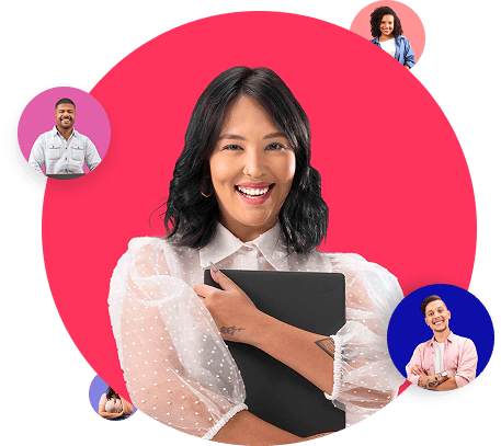 Quem Somos: imagem com diferentes pessoas no trabalho em círculos coloridos