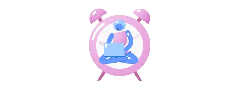 Gestão de tempo: ilustração de pessoa trabalhando e um relógio grande de fundo.