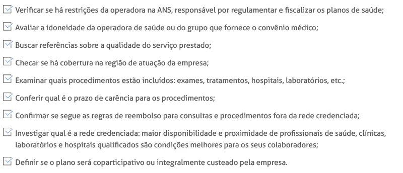 Checklist para convênio médico ou plano de saúde