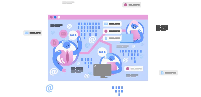 Comunicação interna: ilustração de equipe trabalhando e enviando comunicações