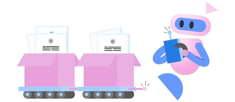 Ilustração de um robô rosa e azul segurando um controle remoto, observando caixas sobre trilhos contendo documentos.
