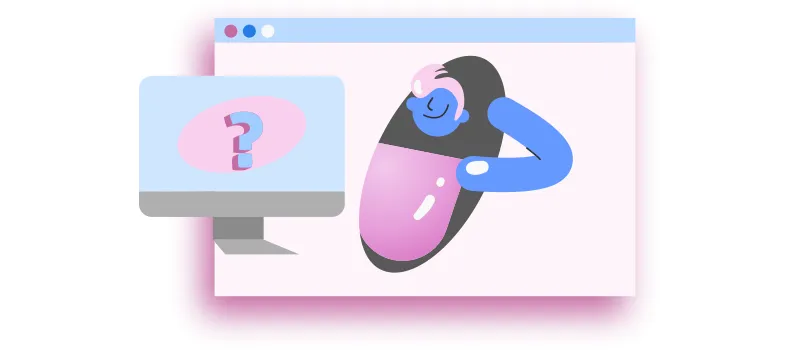 Ilustração de uma tela de computador com um ponto de interrogação grande e, ao lado, uma janela de popup com um boneco acenando. 