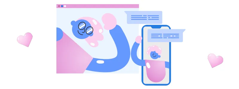 ilustração de um boneco acenando para outro dentro do celular e alguns bolões como se fosse uma conversa entre eles.