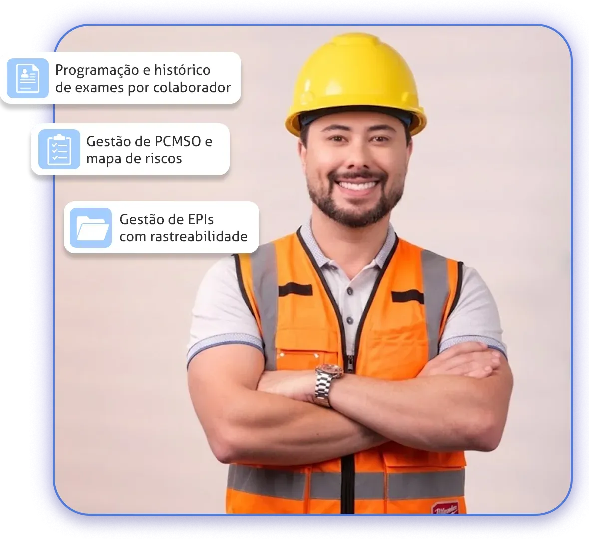 Trabalhador de capacete e colete de segurança, com destaques dos recursos de SST