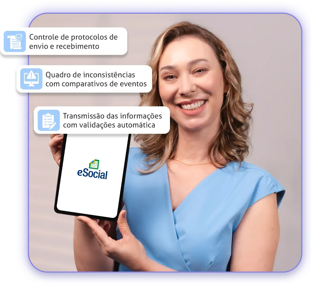 Profissional de RH segurando um tablet com o eSocial, com destaques dos recursos de envio