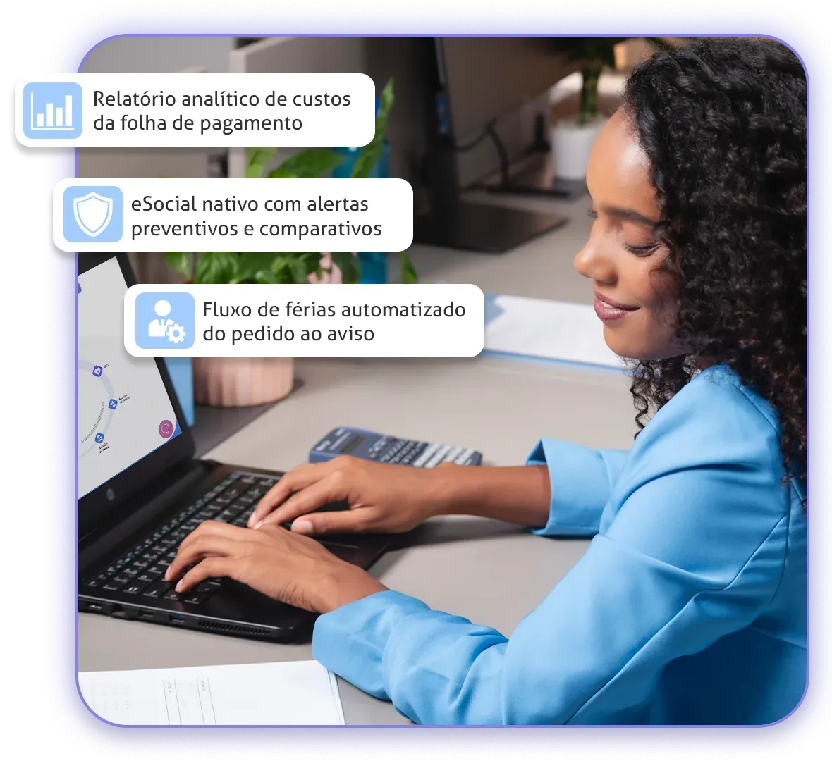 Profissional do Departamento Pessoal no computador, com destaques dos recursos de folha de pagamento