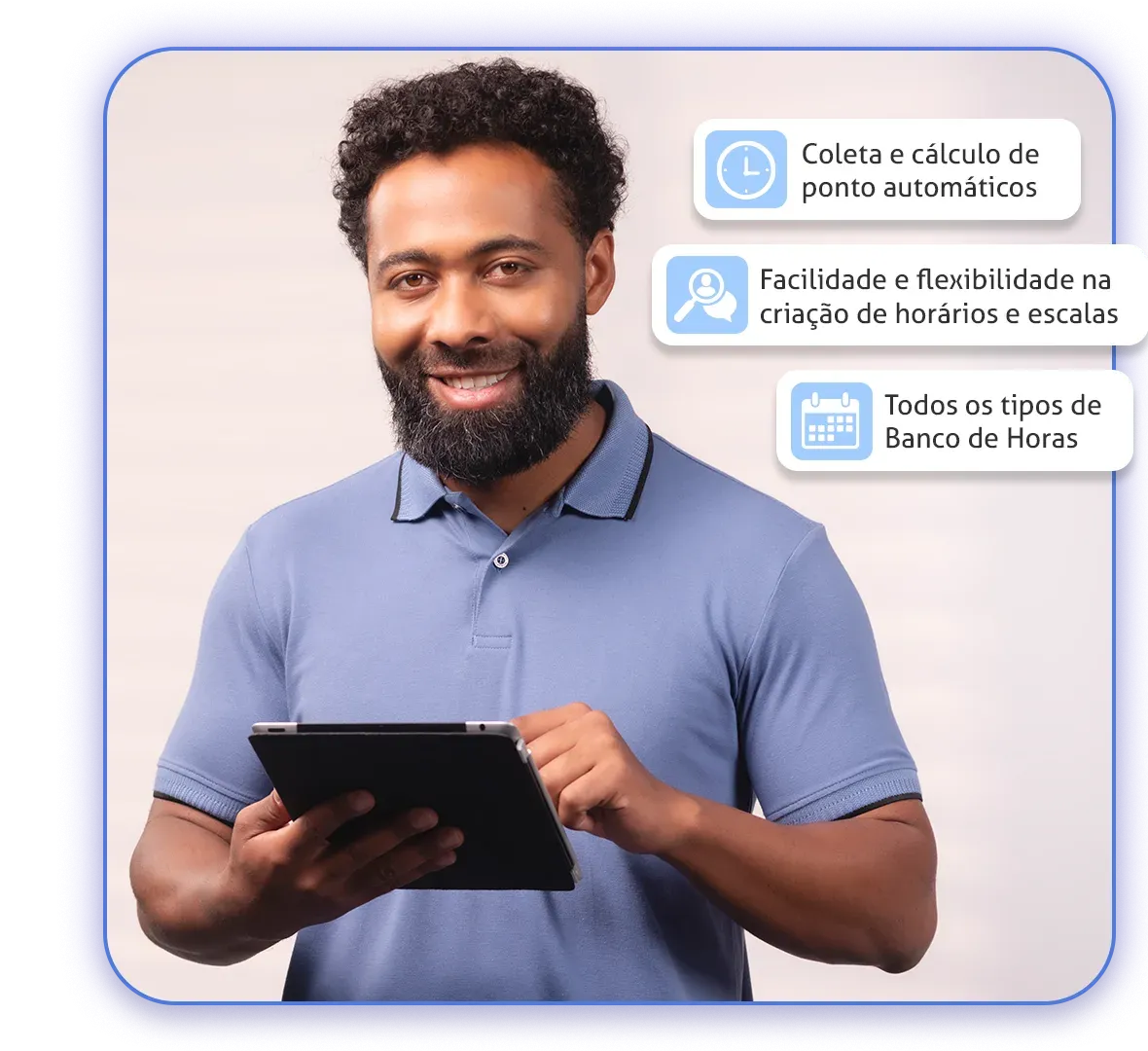 Colaborador usando um tablet, com destaques dos recursos de controle de ponto