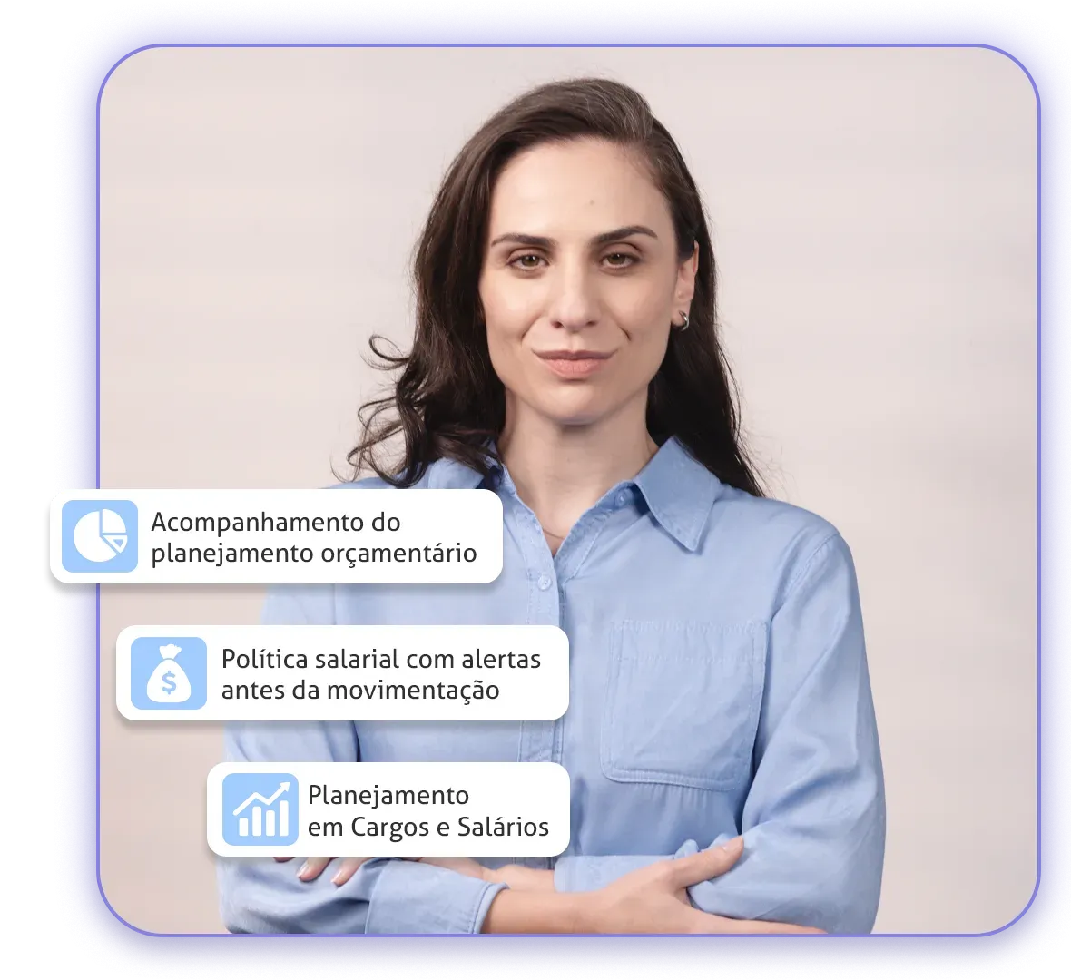 Profissional de RH, com destaques dos recursos de cargos, salários e planejamento