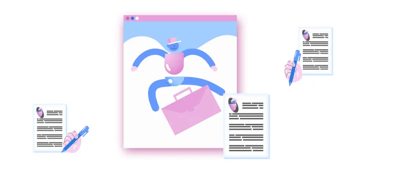 Hard Skills: ilustração de pessoa pulando por cima de mala com seus currículos ao lado.