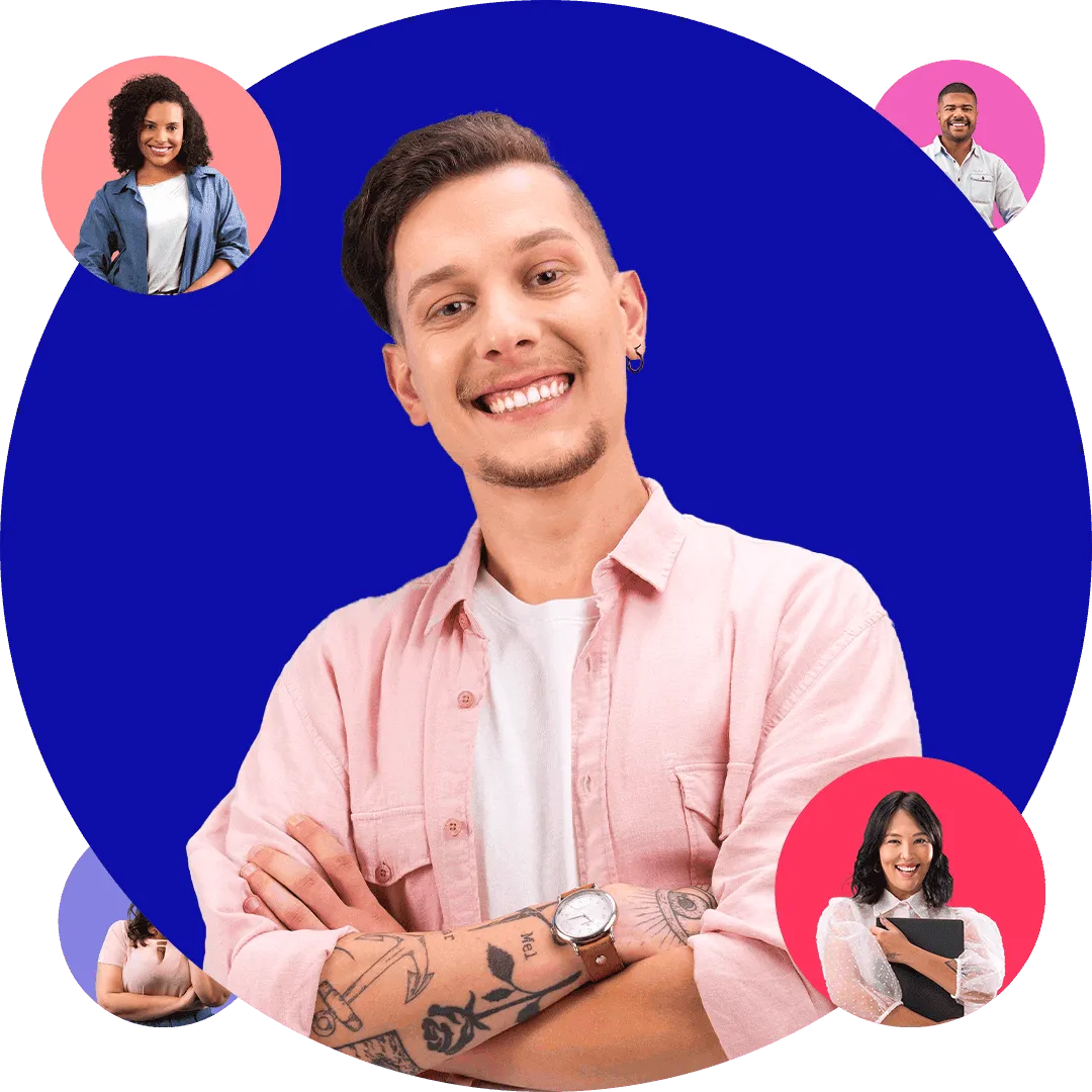 Imagem de diferentes pessoas no trabalho em círculos coloridos