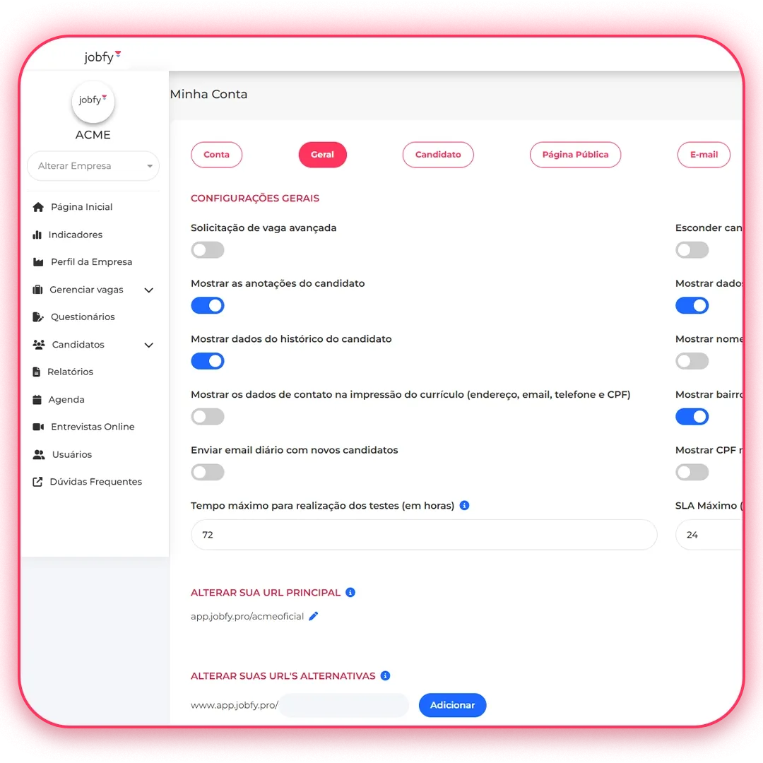 Tela do produto Jobfy, da Metadados