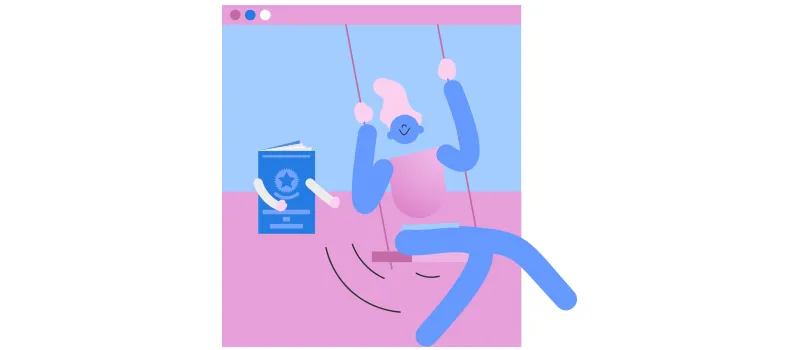 Ilustração de boneco e carteira de trabalho andando de balanço.