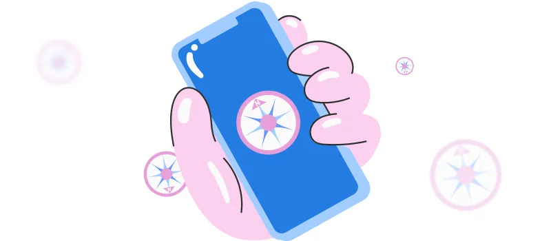 Liderança situacional: ilustração de pessoa segurando um celular com aplicativo de bússola