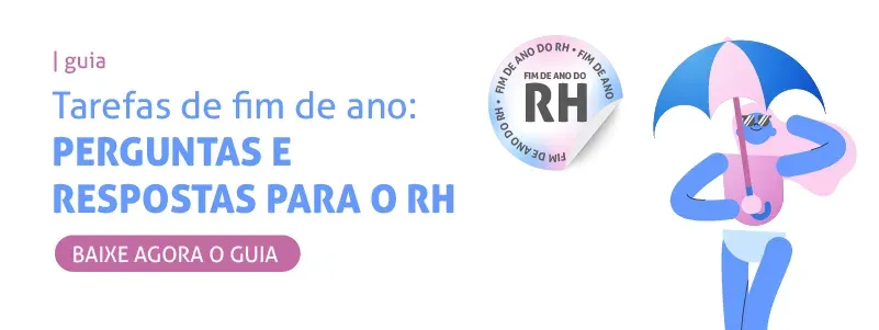 Banner para o guia sobre tarefas de fim de ano. Ao lado do título está a ilustração de uma boneca segurando um guarda-sol e de óculos escuros.