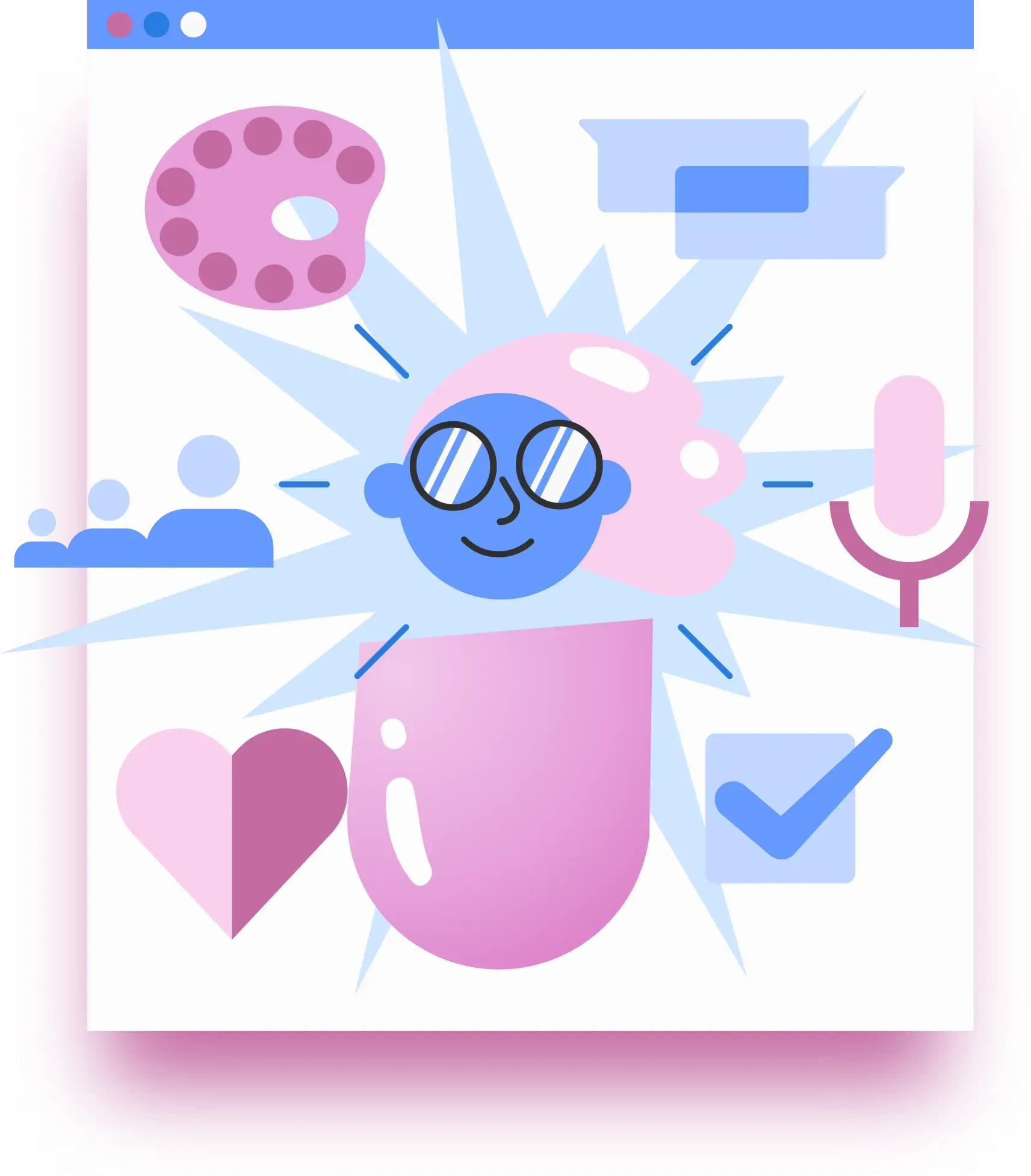 Neurodiversidade: ilustração de pessoa rodeada de desenhos que simbolizam diferentes competências