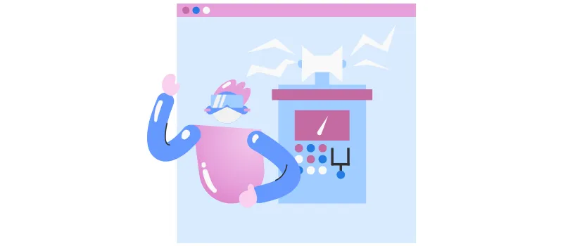 PCMSO: ilustração de pessoa com EPIs perto de uma máquina quebrada