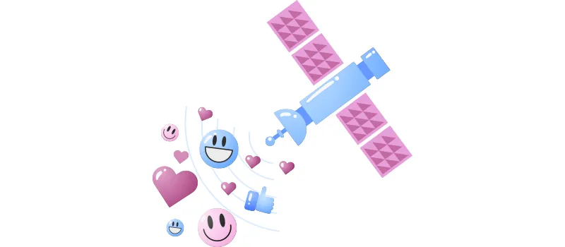 Perfil comportamental: ilustração de satélite distribuindo corações e rostos felizes.