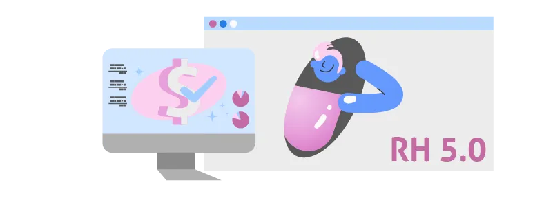 RH 5.0: ilustração de pessoa feliz olhando o computador do trabalho.