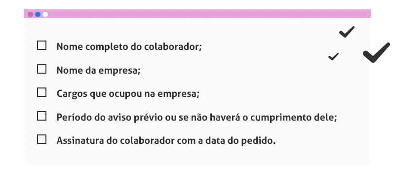 Tabela da carta de demissão: nome do colaborador e da empresa, cargos, período do aviso prévio e assinatura