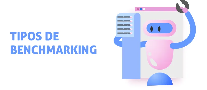 Imagem escrita Tipos de Benchmarking com um robô lendo lista